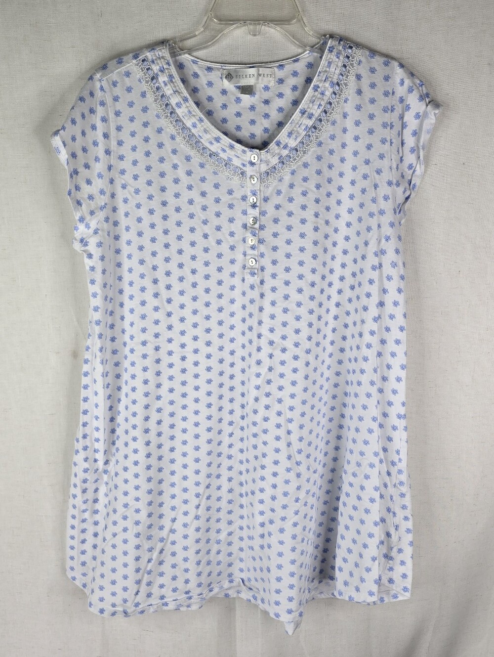 Eileen West Womens Large Cotton Blue White Floral Short Sleeve Nightgown Shirt